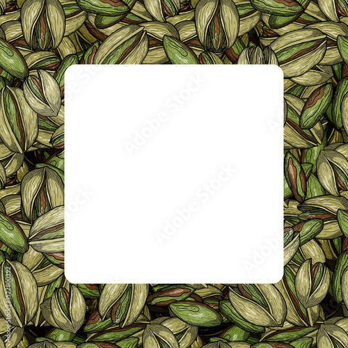 Colorful pistachio frame with dense hand drawn nut texture and blank white square center for label or card photo
