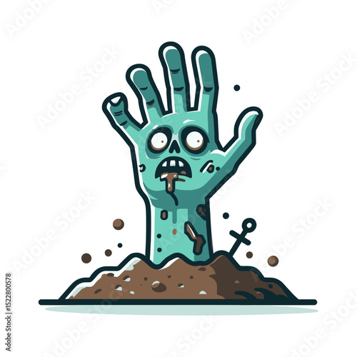 ghoulish zombie hand emerges from the ground with an open mouth and cross marker. Ideal for websites/blogs on Halloween, horror, spooky themes, zombies, or death.