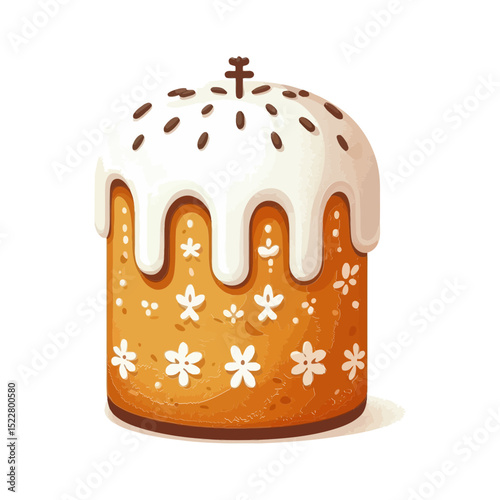  traditional Easter cake (kulich) with white icing and a cross, ideal for Easter, baking, or food-related websites and blogs.