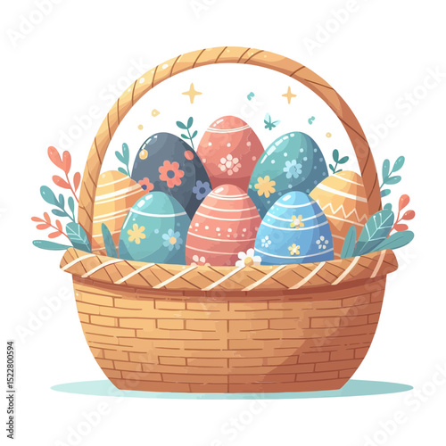 A charming wicker basket overflowing with colorful, decorated Easter eggs and spring foliage, ideal for blogs on holidays, traditions, or seasonal events.