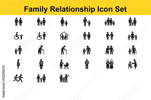 Family Relationship Icon Set – Vector Black Silhouette Glyphs of Parent, Child, Couple, Pregnancy, Elderly, Parenting, Community, Single Mother & Social Care Pictograms