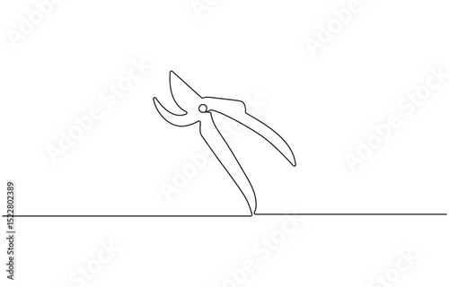 Continuous one line drawing of secateurs plant equipment, cutting plier in silhouette sketch, line art pliers vector illustration. line art, one continuous line.