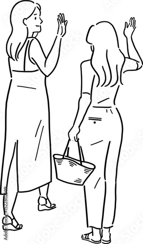手を振り別れを告げる若い女性2人全身のイラスト