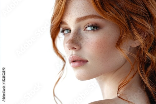 Portrait of a beautiful redhead ginger woman with freckles on her face. Ai Generative