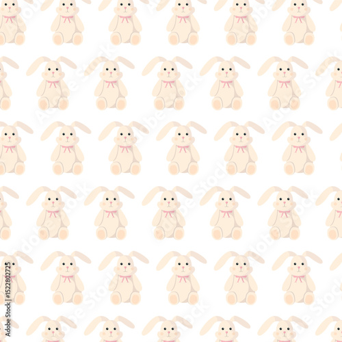 Seamless pattern with rabbit on white background. Soft toy. Wallpaper for children's room.