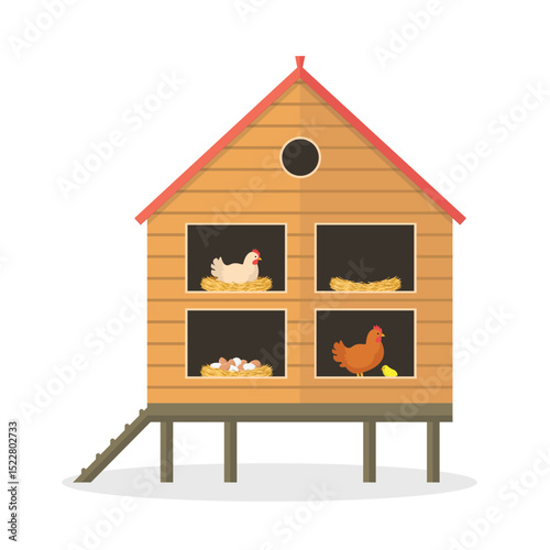 Two-story chicken coop icon with hens, eggs and chick on white background. Farm chickens.
