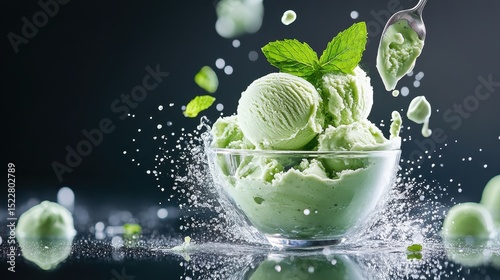 Enjoy a vibrant display of green mint ice cream, artistically presented in a glass bowl, evoking fresh flavors and chilled delight for hot summer days. photo