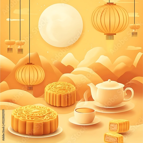 Mid-Autumn Festival Delight: A visual feast showcasing mooncakes, lanterns, and tea set against a backdrop of a full moon, invoking the festive mood of the season.