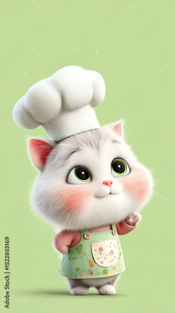 cute culinary animal,cartoon cat chef on green screen, full body cooking character with white hat, cute soft style isolated culinary cat,green screen cat chef