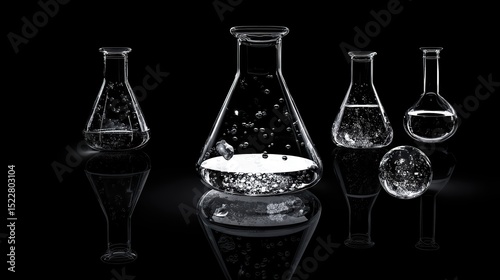 Glass chemistry flasks are arranged artistically, showcasing bubbles rising in liquids Generative AI