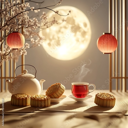 Mooncake Festival tea time: A serene Mid-Autumn scene unfolds, featuring a glowing full moon, traditional lanterns, and delectable mooncakes served alongside a steaming cup of tea.