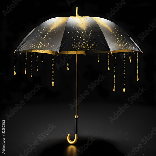 Black and Gold Umbrella with Golden Rain on Dark Background  