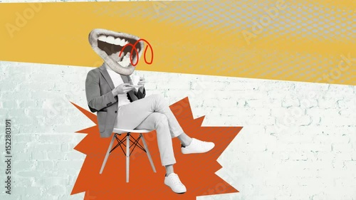 Banner motion art collage video of anonym man mouth hold coffee cup talk