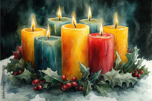 candles surrounded by holly and berries.