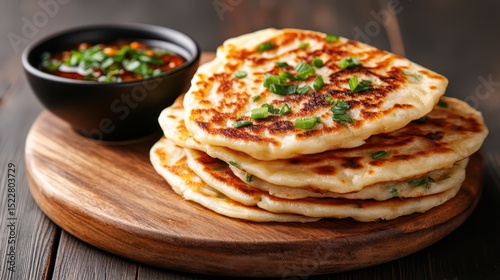 These golden-brown flatbreads are skillfully cooked, showcasing green onions, presenting a perfect blend of crispy texture and fluffy goodness for an enjoyable snacking experience.
