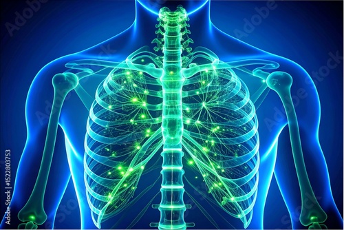 Bioluminescent neural network woven through transparent human ribs, pulsing with real-time health data streams. Glowing particles form vital signs.  
