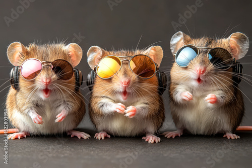 Three cute mice wearing sunglasses and headphones, sitting in a row. Concept of music, humor, and animal personalities.
