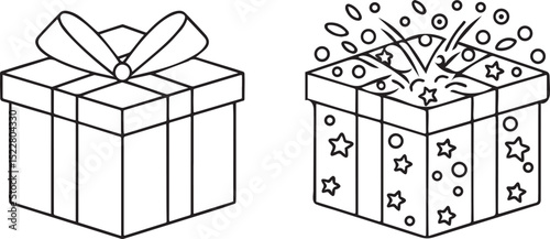 Gift Box Icon Set Including Wrapped Present and Open Confetti Package for Celebration Holiday and Party Themes