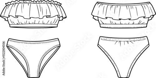 womens ruffle trim bandeau bikini set strapless tube top two piece swim suit flat sketch vector illustration technical cad drawing template
