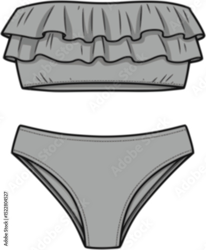 womens ruffle trim bandeau bikini set strapless tube top two piece swim suit flat sketch vector illustration technical cad drawing template
