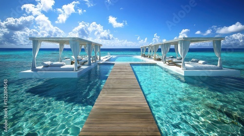 Luxurious overwater pool and cabanas in a tropical paradise. photo
