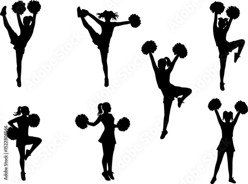 Vector silhouettes of young girls cheerleaders.
