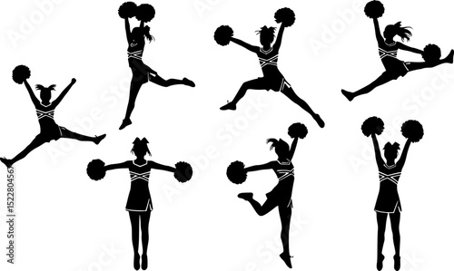 Vector silhouettes of young girls cheerleaders.
