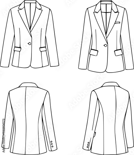 flat sketch set of women's blazer jacket technical cad drawing vector template
