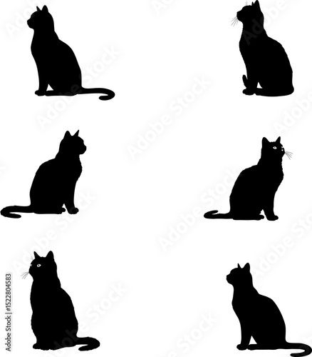 Six Elegant Black Cat Silhouettes Sitting Gracefully Against a White Background Perfect for Designs