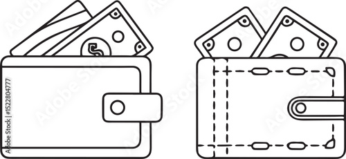 Wallet Icon Set Featuring Open Leather Wallet with Cash and Digital Card Wallet for Finance and Payment Concepts