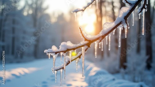 Snow-covered branch with icicles and sunlight in winter forest  