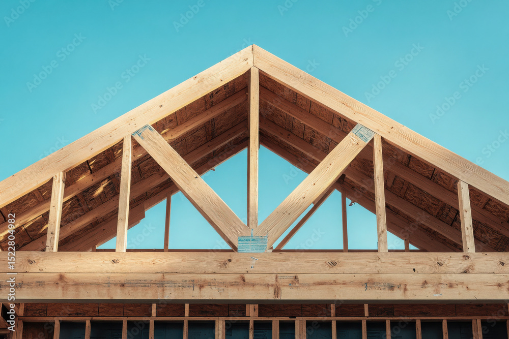 Wooden house framework with triangular roof truss under construction against a clear blue sky, showcasing architectural design. Wooden house framework with triangular roof truss under construction against a clear blue sky, showcasing architectural design.
