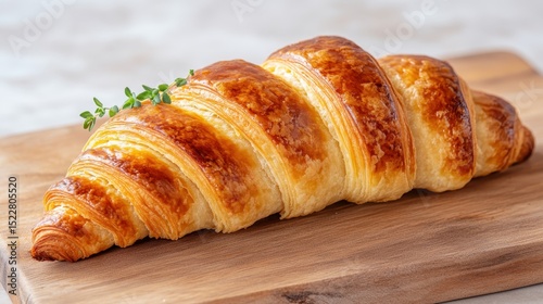 A beautifully arranged, flaky, and buttery croissant rests on a wooden board, inviting indulgence for breakfast or a delightful snack any time of day.