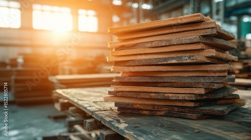 A stack of wooden planks catches the warm sunlight in a warehouse setting, representing craftsmanship and resourcefulness in construction and woodworking industries.