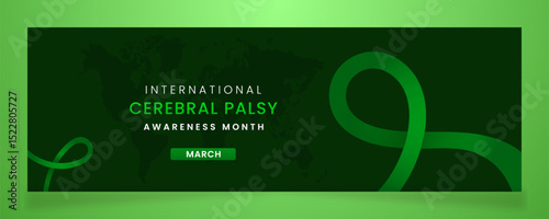 Cerebral palsy Awareness campaign banner with Green ribbon symbols on gradient pastel light Green background.