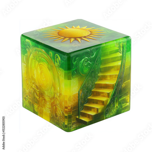 Emerald Green Cube with Golden Staircase and Sun Design - Mystical Art Decor