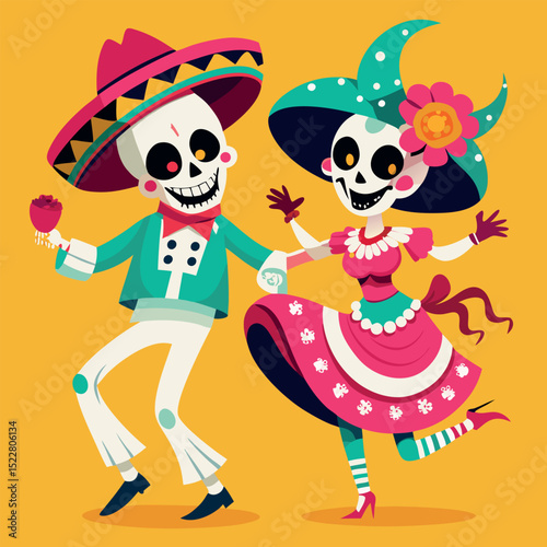 Animated Skeletons Dancing in Festive Attire, Celebrating Day of the Dead on Yellow Backdrop
