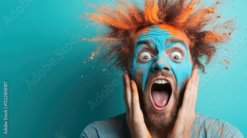 A man expressing joy with vibrant colored powder on his face and hair, captured in an excited moment, representing freedom and celebration of life and emotions.