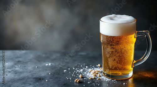 Frothy Artisanal Beer Foam with Perfect Bubbles – Zinc Bar & Barley Stalks for International Beer Day (Copy Space Left)