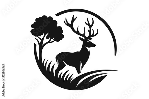 Deer Silhouette logo image. Hart, Pricket, Venison, Doe, Buck, Stag, Roe, Fawn art Illustration logo.