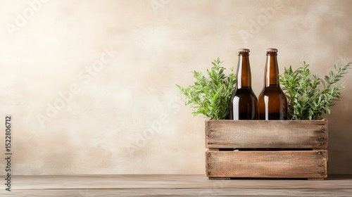 A stylish wooden crate holding two beer bottles complemented by lush green foliage, blending rustic charm with a sense of casual relaxation and conviviality.
