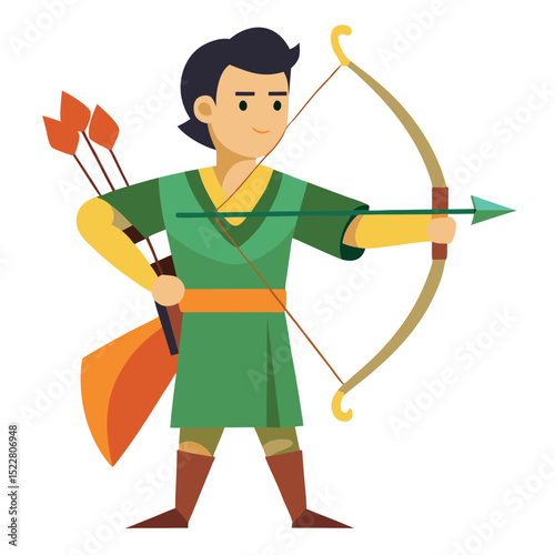 Archer Aiming Bow and Arrow Illustration, Hunter Character Vector Design, Archery Sport