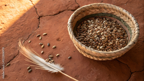 Handwoven Basket with Native Seeds on Terracotta Clay – Earthy Tribute for International Day of the World’s Indigenous Peoples (Copy Space Left)