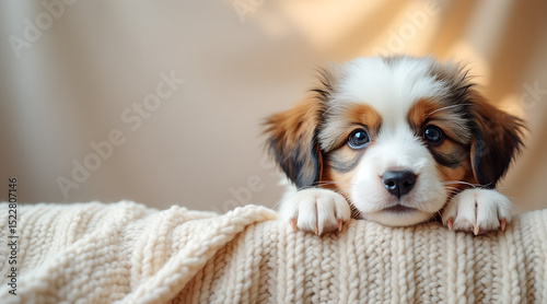 Playful Bernese Mountain Puppy Peeking from Blanket – Cozy Cream Knit Background for International Dog Day (Copy Space Left)
