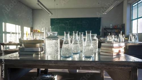 Bright natural light fills the laboratory where glassware and books are neatly arranged on wooden tables. A chalkboard displays sketches, enhancing the educational atmosphere Generative AI