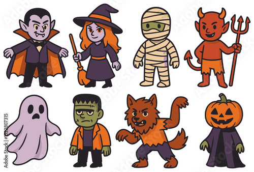 Halloween characters collection in cute cartoon style featuring vampire, witch, mummy and other monsters