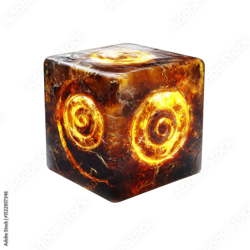 Glowing Amber Cube with Spiral Inclusions - Mystical Energy Orb