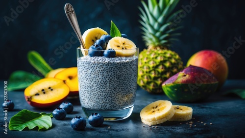 Overnight Chia Seeds Pudding with Banana Puree and Blueberries in a Glass, surrounded by Tropical Fruit on Dark Background, Raw Healthy Vegetarian Organic Dessert with Space for Text photo