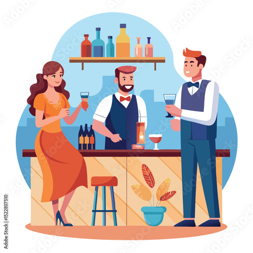 Bartender Serving Drinks to a Woman in Dress and a Man at Bar Counter