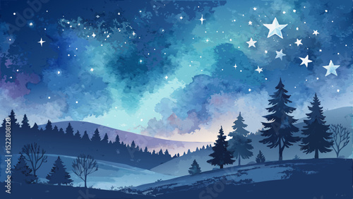 Dreamy Stargazing Night Vector Background – Deep Blue & Indigo with Twinkling Stars & Serene Atmosphere (Copy Space Left)
